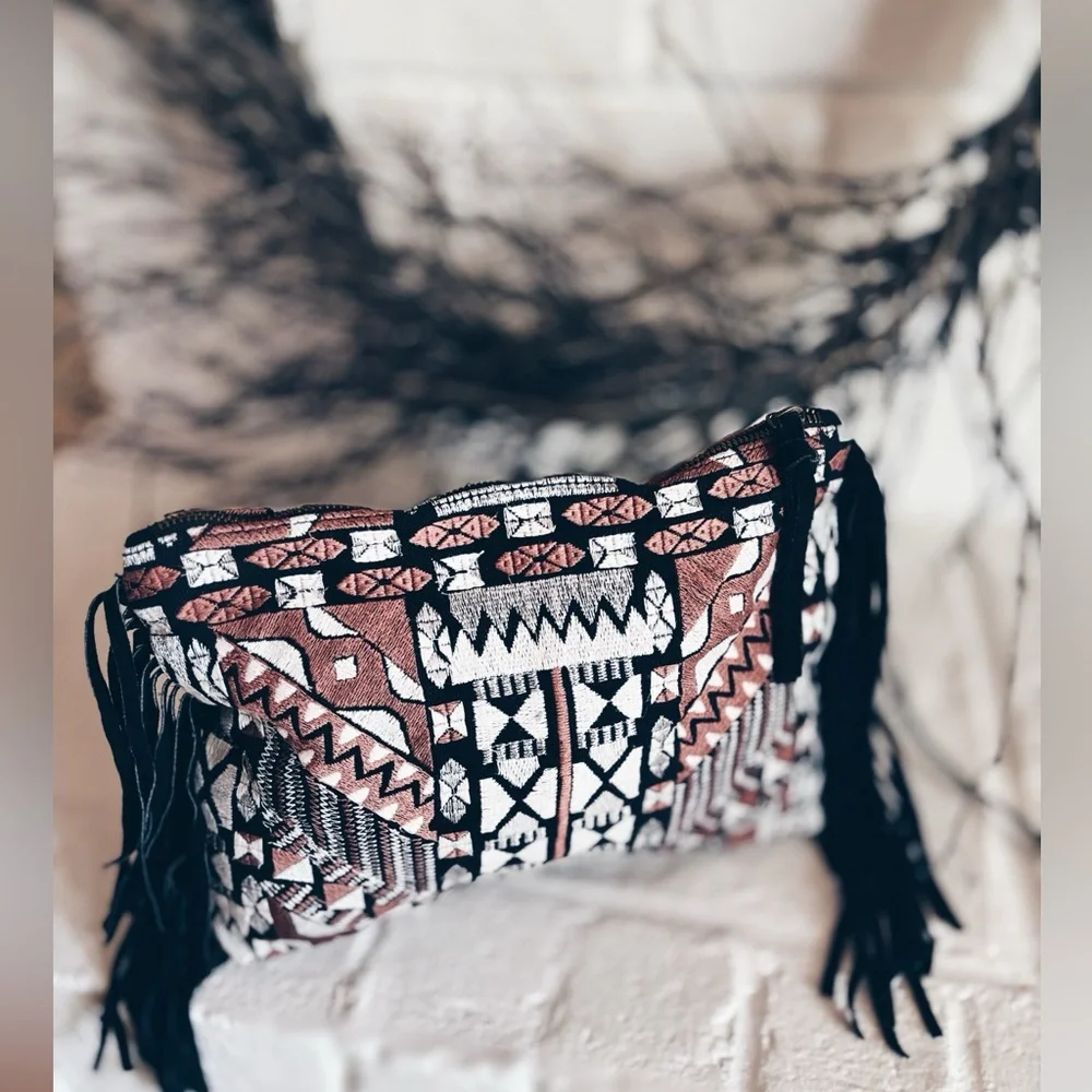 Clutch ELEVATED BOHO Tapestry & Suede Fringe Clutch with Metallic Thread